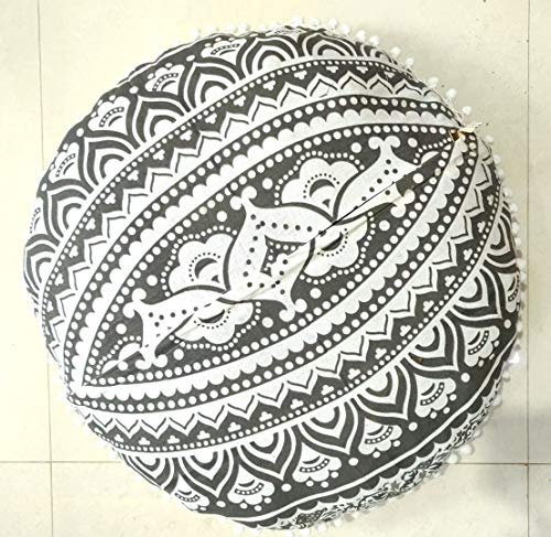 INDIAN CRAFT CASTLE 24\" Grey Ombre Mandala Barmeri Large Floor Pillow Cover Cushion Meditation Seating Ottoman Throw Cover Hippie Decorative Zipped Bohemian Pouf Ottoman Pom Pom Cases 24\" Round