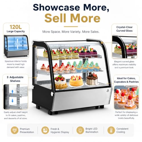 Image of 6.5 Cu.Ft Countertop Refrigerated Display Case - Commercial Bakery Refrigerator with LED Lighting, Auto Defrost & Sliding Glass Door for Cafe, Restaurant, Dessert Display