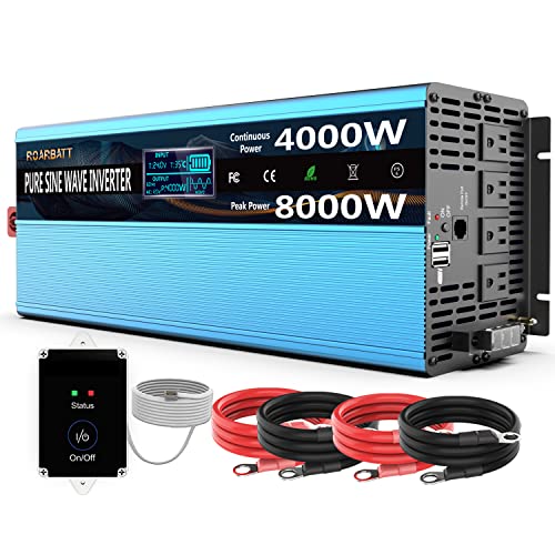 ROARBATT Pure Sine Wave Power Inverters 4000Watt 24V DC to AC 110V 120V Peak Power 8000Watt with Remote Control 4 AC Outlets and Dual USB Port for CPAP RV Car Solar System Emergency