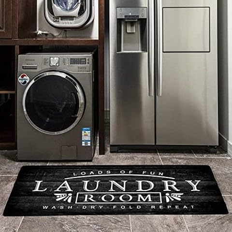Poowe Black White Laundry Room Rug 20"x48" for Washer and Dryer Nonslip Cushioned Laundry Floor Mats Comfy Laundry Runner Carpet Foam Mat for Kitchen Washroom Bathroom Cover