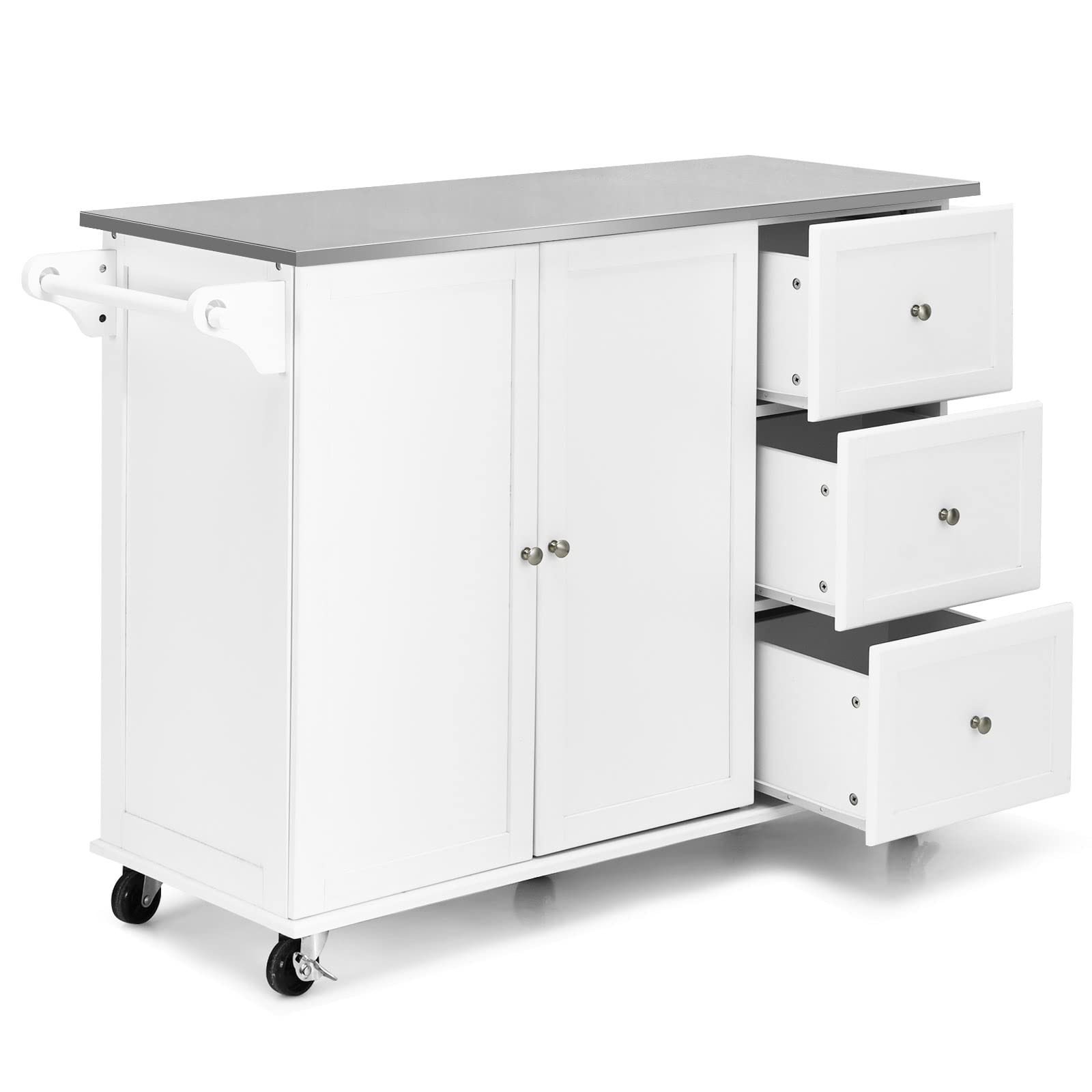 KOMFOTTEU Isla de Cocina con Encimera de Acero Inoxidable, Carrito de Servicio con 3 Cajones, Toallero y Estantes Ajustables, Armario de Cocina con 5 Ruedas, 135 x 45,5 x 91,5 cm (Blanco)