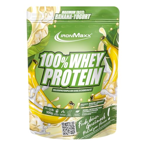IronMaxx 100% Proteína de suero en polvo - Yogur de Plátano bolsa de 500g | proteína en polvo a base de proteína de suero de leche reducida en azúcar, soluble en agua | muchos sabores diferentes