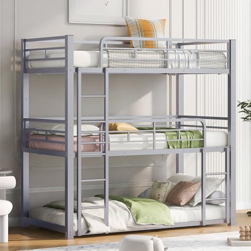Bunk Beds, Metal Bunk Bed, Triple Bunk Bed for Kids,Teens, Adults, Girls, Boys, Detachable BunkBed Can Be Divided into 3 Twin Beds,No Box Spring Need (Silver)
