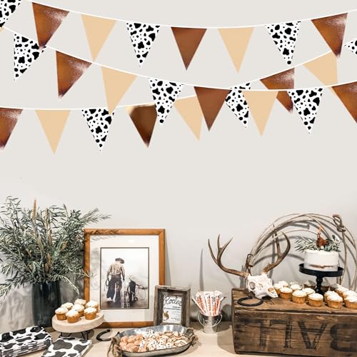 Image of 32Ft Cow Party Decorations Western Cowboy Triangle Flag Fabric Banner Pennant Garland Streamer for Western Cowgirls Cowboys Rodeo Birthday Derby Day Festival Farm Cow Wild Party Decor Supplies