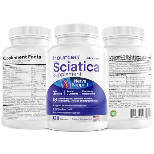 Hourten Advanced Sciatic Nerve Support Relief: Alpha Lipoic Acid - 18 in 1 Sciatica Supplements - Vitamin B Complex - Made in USA (120 Capsules)