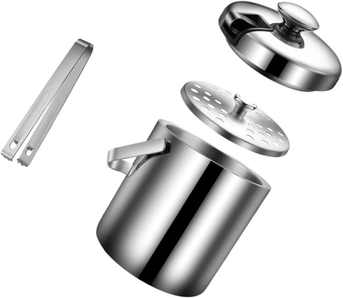 KICHOUSE 1set Double Stainless Steel Wine Ice Bucket Tong and Strainer for Home Bar Portable Beer Cooler Insulated and Easy to Store Ice for Parties
