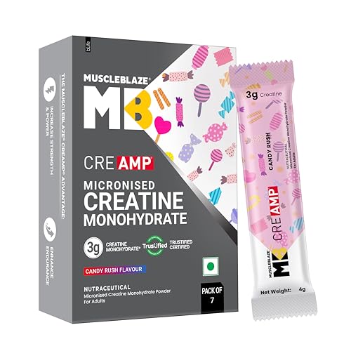 Image of MuscleBlaze Micronised Creatine Monohydrate CreAMP Powder, 7 Sachets | Candy Rush | Trustified Certified Creatine | Travel Pack