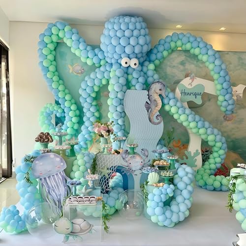 Image of Teal Blue Linking Balloons, 60PCS 10 Inch Turquoise Quick Link Balloons for Making Balloon Wall Heart Arch, Tails Balloon for Wedding Birthday Bridal Baby Shower Mermaid Pool Octopus Party Decorations