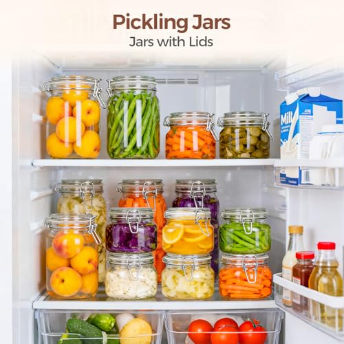 Image of ComSaf Square Glass Food Jars 17 oz 6 Pack for Pickling and Herbs Storage | Airtight wire clamp lids, six labels and 3.3-inch wide mouths for loose tea, herbal powders, cocktail garnishes and jam