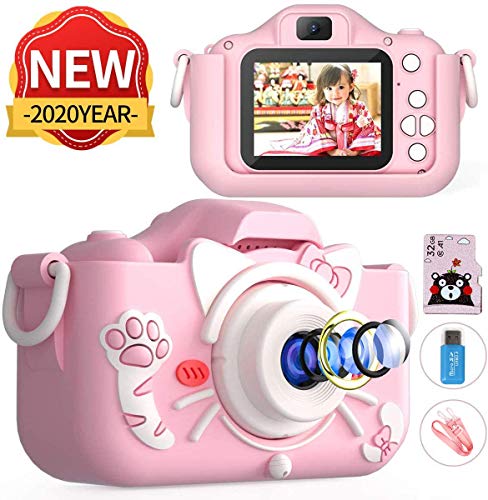 SoloKing Cámara Niños con 20 Megapíxeles,Doble Lente,2.0 Pulgadas Pantalla IPS,1080P HD Video,32GB Tarjeta de Memoria, Infantil Cámara de Fotos Digital Cumpleaños,Vacaciones Regalo