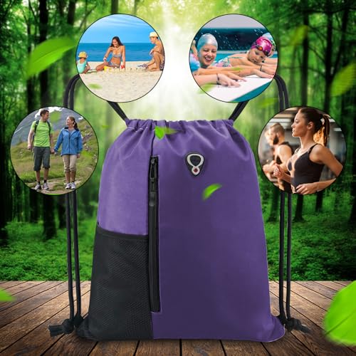 Image of BeeGreen Dark Purple Drawstring Backpack Gym Bag For Men & Women - Sports Sackpack with Mesh Water Bottle Holder & 2 Zippered Pockets - Large 16x20 Inch Cinch String Backpack