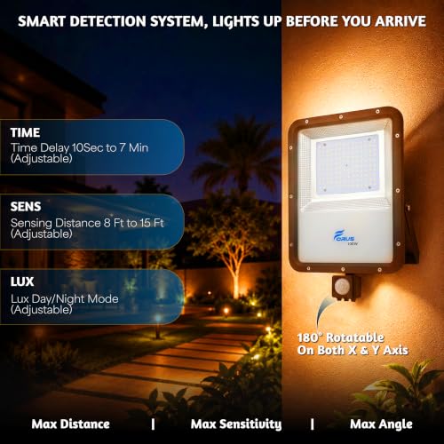 Image of Forus 100W LED Flood Light Amber with Motion Sensor Auto On Off Day Night Mode Waterproof Outdoor Security Light for Garden Parking Garage Factory Backyard Shop High Bright Floodlight 4Yr Warranty-1Pc
