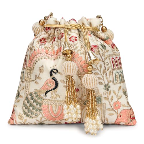 LONGING TO BUY Indian Embroidered Pearl Potli Bag For Women, Sequence Design with Tassel, Wedding Potli Bags (Cream- Peacock Design)