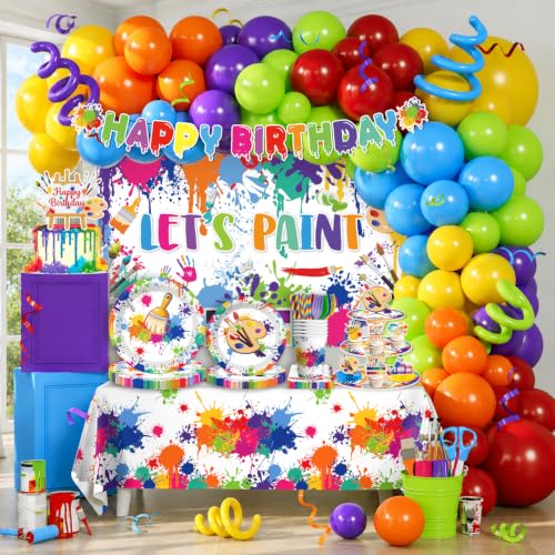 Fexivo 285PCS Paint Party Decorations All-in-One Art Birthday Party Decorations with Balloon Garland Backdrop Tableware Banner Tablecovers Cake Toppers Serves 25