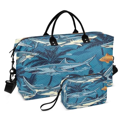 Shark Flower Travel Duffel Bag Large Capacity Weekender Bag with Toiletry Bag Detachable Shoulder Strap Travel Tote Bag for Women