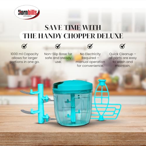 Image of Hornbills Vegetable Manual Chopper with 5 Blades 1000ml Kitchen Multi Blade Food Chopper for Vegetables Onion Garlic Hand Chopper Stainless Steel Blade Compact Vegetable Portable Mini Chopper |Green