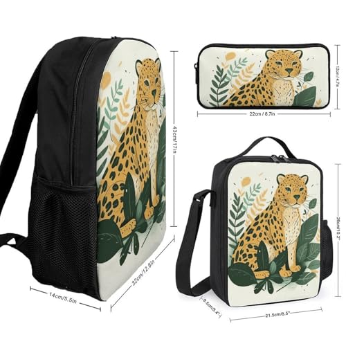 3 Piece Backpack for Women Men Lightweight Causal Daypack Shoulder Bag Set with Insulated Lunch Bag And Pencil Case Organizers Animals on Leaves2