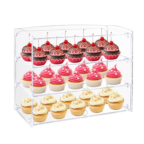 Fhmidic 3-stöckige Gebäck-Vitrine, Acryl-Thekenvitrine Bäckerei-Vitrine 48.5x23x40cm, Acryl Vitrine für Sammlerstücke Figuren, Bäckerei Konditorei Vitrine für Cupcakes Kekse Brot Minikuchen Donut