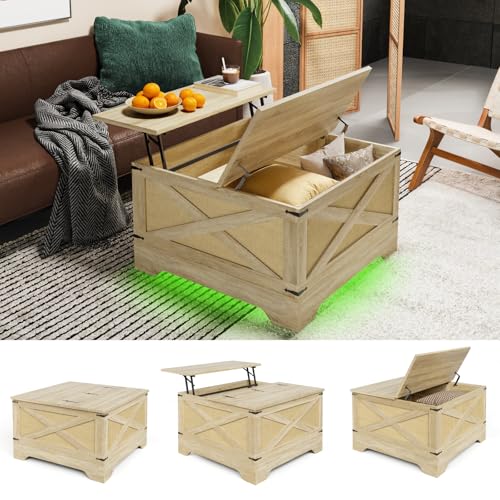 HAIOOU Farmhouse Coffee Table with Storage,Square Lift Top Coffee Table for Living Room with LED Light,Small Rustic Center Table for Small Space Bedroom Home Office(Natural,Rattan)
