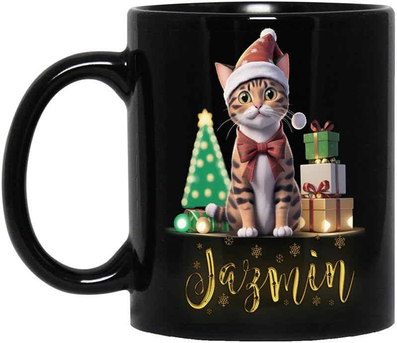 Personalized Name Cat Christmas Mug, Christmas Cat Mug, Holiday Cat Gift, Christmas Mug, Cat Name Owner Mug, Cat Name Lover with Jazmin 11oz Black