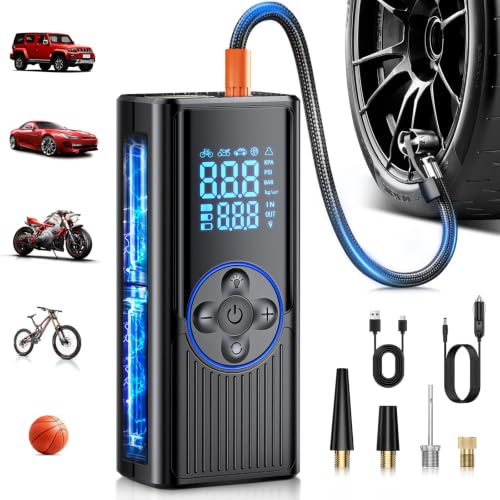 Compresor Aire Portátil 8000mAh, 150PSI Inflador Ruedas Coche, Inflador Electrico Bicicleta de Doble Alimentación con Pantalla Digital y Luz LED, Apagado Automático para Coche, Moto, Bicicleta, Pelota