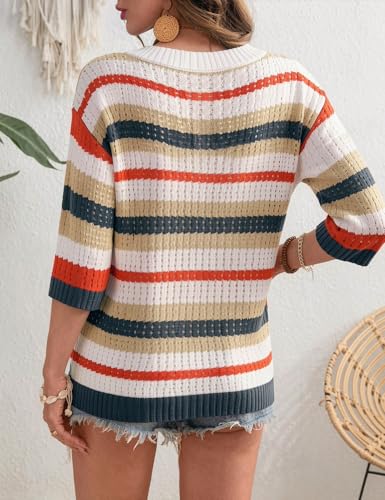 Image of Rapbin Women's Crochet V Neck Beach Cover Up 3 /4 Sleeve Hollow Out Knitted Pullover Sweater