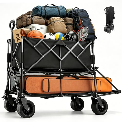 700L Large Capacity Double Decker Wagon Collapsible Wagon with Tailgate 55 Extra Long Foldable 600lbs Heavy Duty Beach Cart with All-Terrain Big Wheels Utility Carts Sports Outdoor Shoping Cart