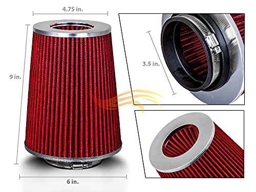 Red 3.5" 89 Mm Inlet Truck Cold Air Intake Cone Replacement Performance Washable Clamp-On Dry Air Filter (8" Tall) #TOP1