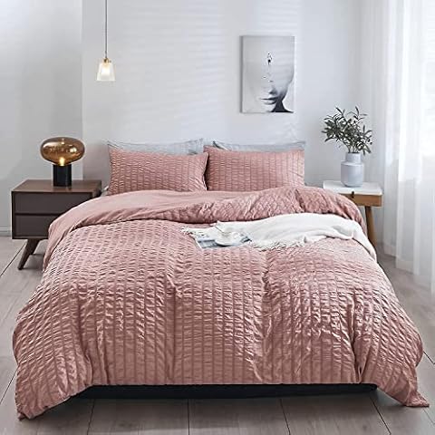 Brit Diamonds Seersucker Bedding Set 100 Percent Cotton Double Bed Duvet Cover Sets Charcoal Waffle Quilt Covers with Pillowcases (Double, Pink) Cover