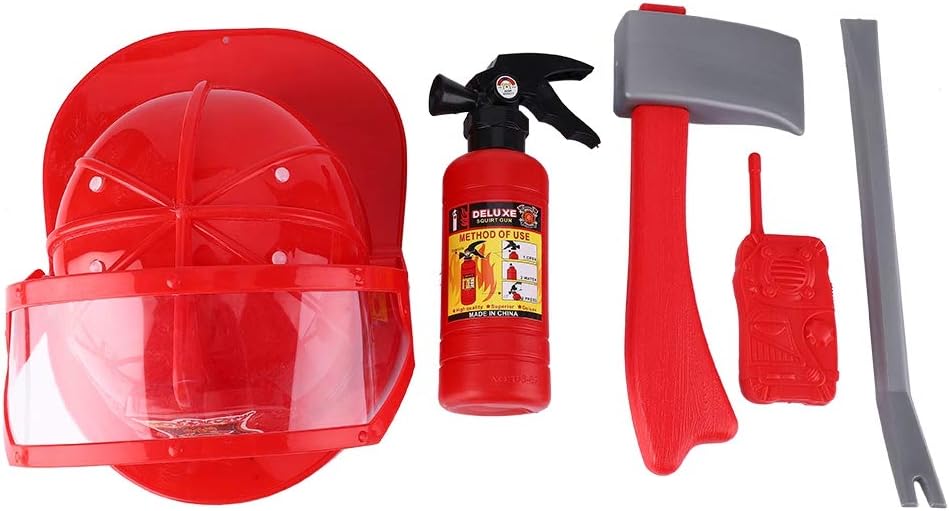 VGEBY Firefighter Toy, 5Pcs Fireman Pretend Play Toy Set Cosplay Game Helmet with Fire Extinguisher, Intercom, Axe, Wrench for Children