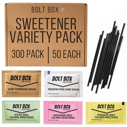 (300 total, 50 each) Bolt Box Sugar & Sweetener Packets Box - Cane Sugar Packets, Turbinado Sugar packets, Sugar Substitute Packets, Plastic Coffee Stirrers