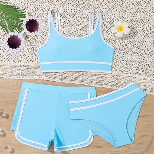 Image of Girls Swimsuits 3 Piece Bathing Suit Bikini Set with Sporty Shorts and Sunglasses Beach Swimwear for Girl 8-15 Years