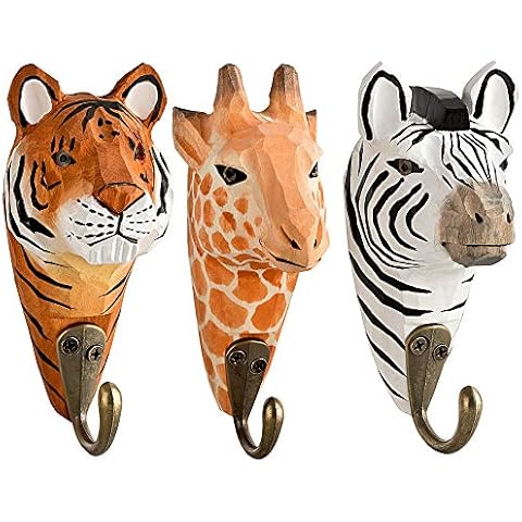 Your Castle 3 Wall Hooks Wooden Zebra, Bear, Panda with Metal Hooks Handmade Cover