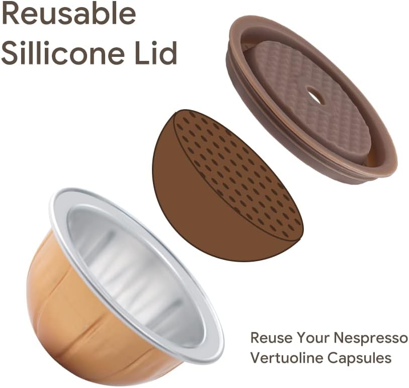 Reusable V ERTUO Capsule Lids 3 Pcs + EMPTY V ertuo Pods-80+150+230ml Each 6 Pcs Compatible With Vertuo Coffee Maker, BENFUCHEN Reusable Silicone Cap For nes presso V ertuo Reusable Pods Kit
