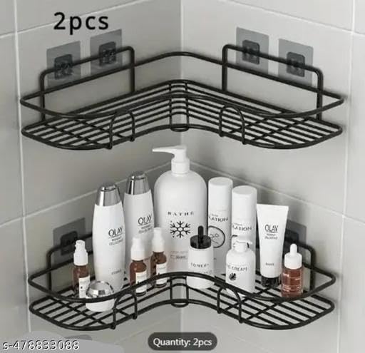 (Pack of 2) Wall Mounted Self-Adhesive Bathroom Corner Shelf/Kitchen Rack & Holder - Bathroom Accessories (Material-GI Metal, Powder Coated Finish, Black, 3
