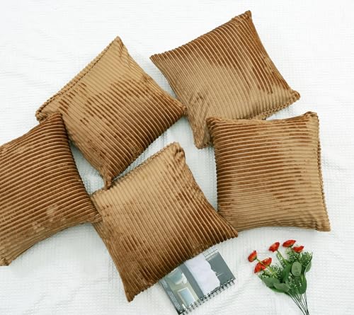 Image of RD TREND Cushion Cover Set of 5, Decorative Sofa Living Room Home Square Cushion Covers 16 Inch x 16 Inch, Aesthetic Corduroy Striped Double Sided (Mustard,Pack of 5)