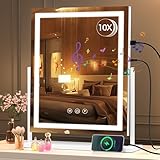 Hasipu Makeup Mirror with Lights and Bluetooth Speaker,with 10X Magnifying Glass 16' x 20' Vanity Mirror with Smart Touch 3 Color Modes and Brightness Adjustment,360° Rotation