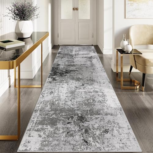 Cekene Läufer Flur 80x300cm Abstrakter Teppich Läufer rutschfest Waschbar Küchenläufer Grau Lang Flur Teppich für Eingang Badezimmer Waschküche Schlafzimmer Wohnzimmer