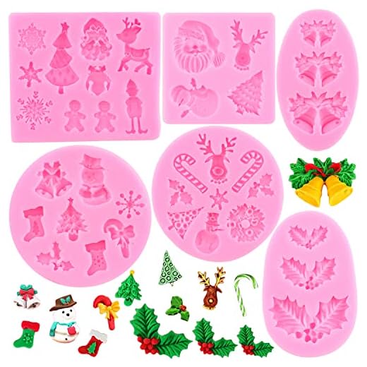 Mujiang Christmas Fondant Molds Snowflake Christmas Tree Bell Holly Leaf Reindeer Santa Chocolate Candy Silicone Molds For Xmas Birthday New Year Party Cake Decorating Gum Paste Polymer Clay Set Of 6
