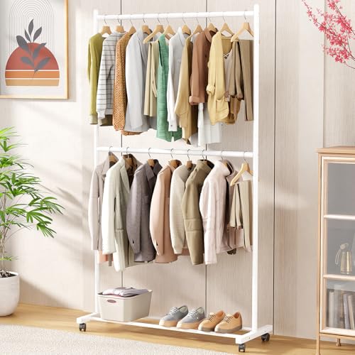 Image of Lukzer Double Rod Garment Rack with Wheels | MGS-006 / White | Heavy-Duty Metal Clothes Stand Organizer with Bottom Shelf | Rolling Clothing Rack for Bedroom, Laundry & Boutique (183 x 110 x 40 cm)