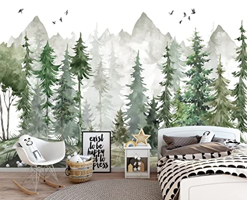 MFWFM Forest Wallpaper Watercolor Green Woodland Mural Wallpaper for Nursery Room (Not Peel n' Stick)