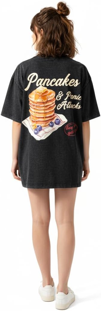 IRON PANDA-Funny Gym Shirts for Women-Pancakes & Panic Attacks Printed Gym Shirt-Novelty Design, Washed Cotton Gym t-Shirt