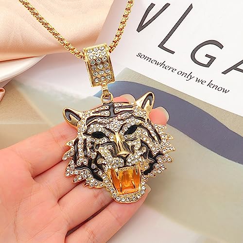YOOESTORES82 Punk Rhinestone Tiger Pendant Necklace.Hip Hop Cubic Zirconia Tiger Head Necklaces for Men Lion's Head Crystal Chain Necklaces Party Jewelry3
