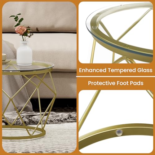 Hzuaneri Couchtisch rund, 2er Set Beistelltische, Beistelltisch-Set mit Metallrahmen, Kleiner Beistelltisch für Wohnzimmer, Schlafzimmer, Büro, Schlafzimmer, Gold 01801GCT – Bild 5