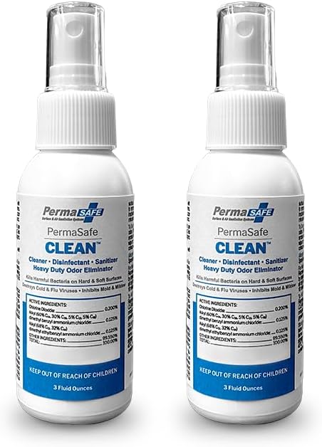 PermaSafe CLEAN 1-Step Disinfectant, Deodorizer & All-Purpose Cleaner; Soft, Hard & Food Surface Sanitizer; Kills 99.9% of Bacteria, Viruses, Molds - Child, Pet, Planet & All Surface Safe (3oz 2-pk)
