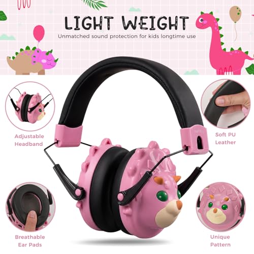 SCAVATA Kids Ear Protection, Noise Canceling Dinosaur Headphones Children Hearing Protectors, 26dB Noise Reduction (Pink) - image 3