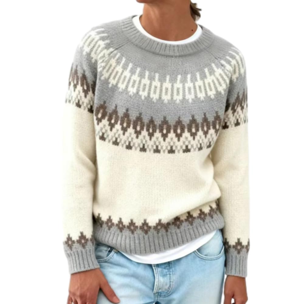 Vintage Fair Isle Sweaters for Women Crewneck Long Sleeve Oversized Pullover Knit Color Block Casual Fall Tunic Tops