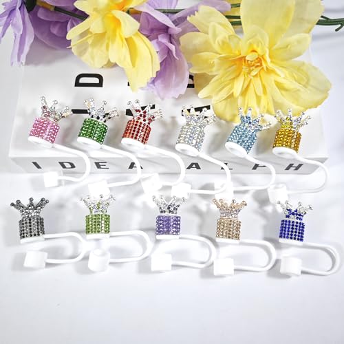 JIASHEBDE 3Pcs Crown Diamond Straw Toppers Set for Stanley Cup - Bling Straw Covers with Glittering Rhinestones for 30 & 40 Oz Tumblers,21 Colors for Princess Girls Gift (Black)