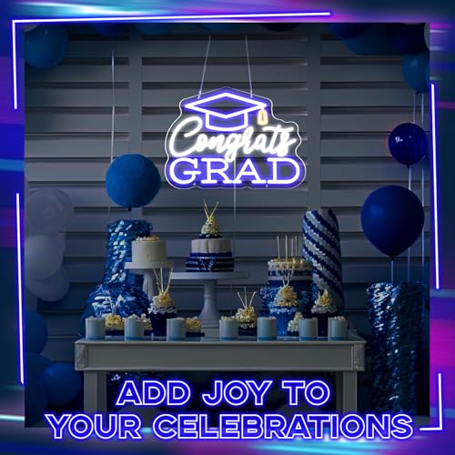 Rossesay 2026 Congrats Grad Neon Sign with Hat 15.7 x 11.4 in Blue LED Light Stylish Congratulations Sign Graduation Decoration USB Powered Photo Backdrop for Room Celebration Wall Decor by Rossesay - Used condition - Image 5