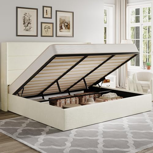 Image of Allewie King Size Lift Up Storage Bed, Chenille Fabric Upholstered, Modern Wingback Headboard, Hydraulic Support, No Box Spring Needed, Cream White